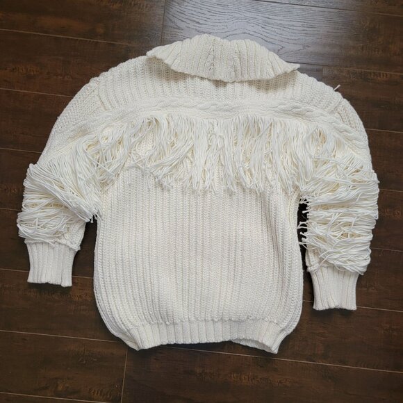 Anthropologie Maeve Fringe Oversized Cardigan Womens XS Boho Ivory Cozy Western - Picture 4 of 8